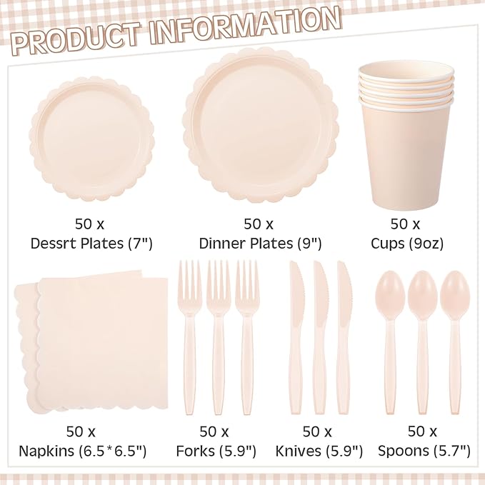 Ziliny 350 Pcs Ivory Plates and Napkins, 50 Guest Cream White Party Supplies Include Scalloped Paper Plates Napkins Cups Plastic Spoons Forks Knives Disposable Tableware Set for Weeding Bridal Shower