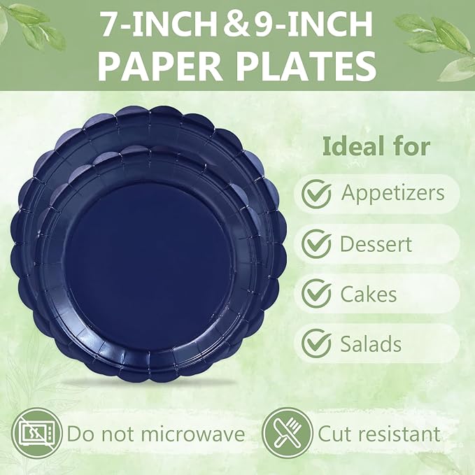 Mulbozy 100 Navy Blue Plates and Napkins Disposable Set Includes 25-9" & 25-7" Dessert Cake Scalloped Plates, Cocktail Napkins, Forks for for Holiday Party Supplies