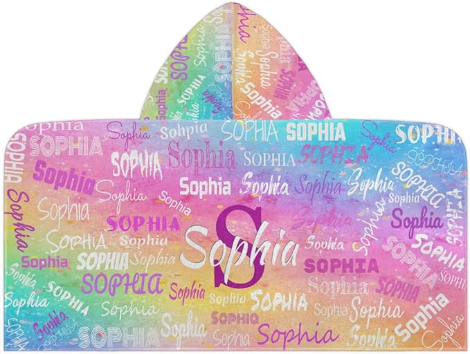 Custom Name Beach Towel for Boys Girls, Kids Babies Personalized Name Hooded Beach Towel Quick-Drying for Beach, Travel, Camping, Seaside, Swimming, Painted Colorful Pink Yellow Blue