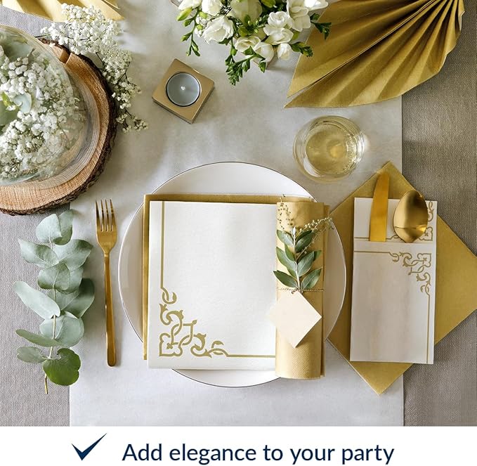 PAW - Linen Feel Napkins with Built-in Flatware Pocket, Soft and Absorbent Paper Pre-Folded Napkins with Gold Frame, Elegant Guest Towels, Wedding Party, Dinner, Birthday, Gatherings, 50 Count