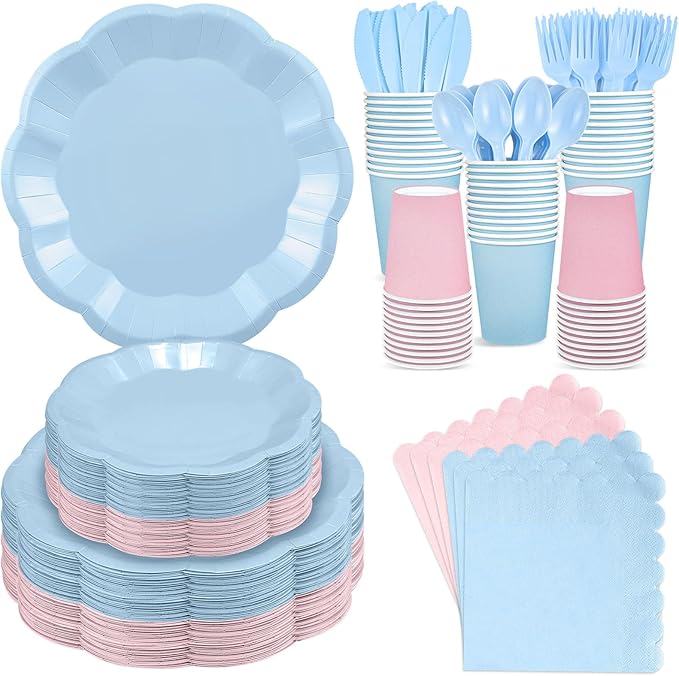 NatNarr 350 Pcs Baby Gender Reveal Party Supplies Include Scalloped Plate Napkin Cup Forks Knives, Light Pink and Light Blue Plastic Cutlery 50 Guest Disposable Party Tableware Set for Baby Shower