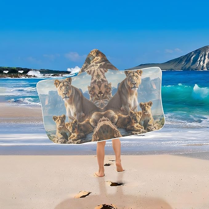 Hooded Towel for Kids Lion Family in Natural Habitat Beach Wrap Bath Towels 50x23.5in