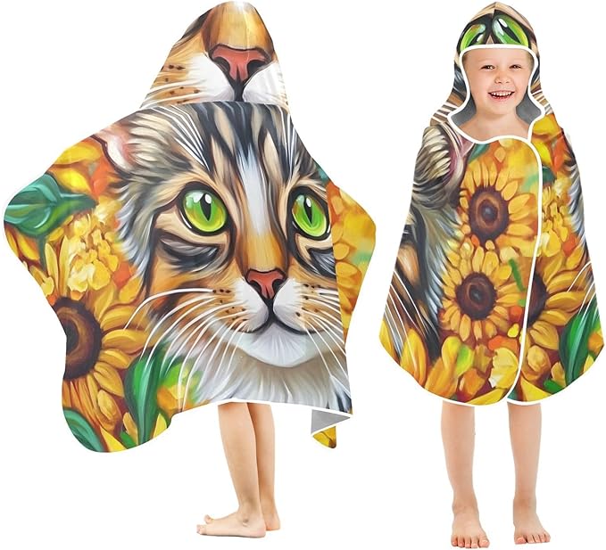 SUABO Kids' Bath Towels Sunflower Cat Hooded Towels for Boys Girls,Toddler Towels Multi-Purpose for Beach,Pool and Bathroom,23.5" x 50", Soft and Highly Absorbent