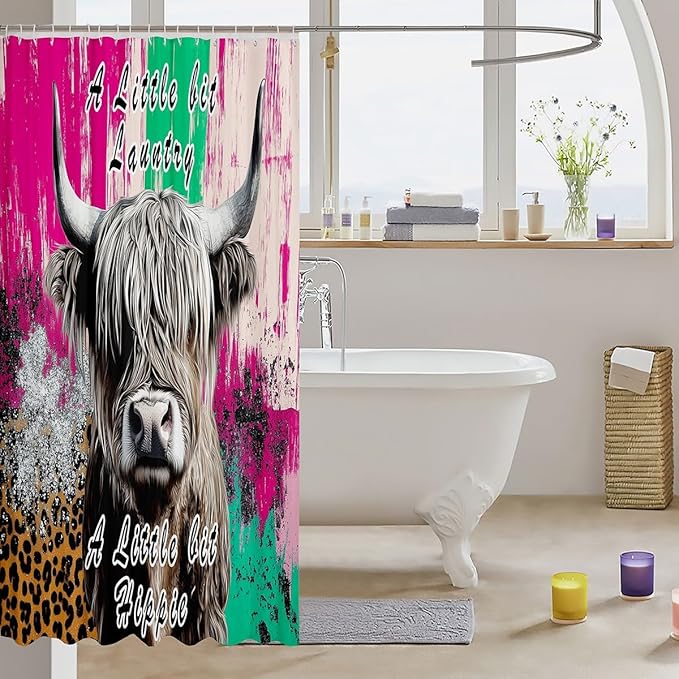 Highland Cow Shower Curtain Cheetah Print Bath Curtain for Boys Teens,Hippie Bull Cattle Waterproof Shower Curtain Wildlife Farmhouse Cow Curtains,Western Funny Animal Toilet Decor 72"Wx84"L