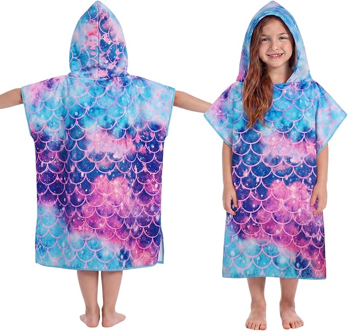 Fanfanwin Hooded Bath Towel for Girls Cotton Mermaid Bath Hooded Poncho 37.8x23.62 Inches Mermaid Poncho with Snap Buttons Hood Soft Rapid Dry for Home Swim Travel Beach Pool Under The Sea Party Gifts
