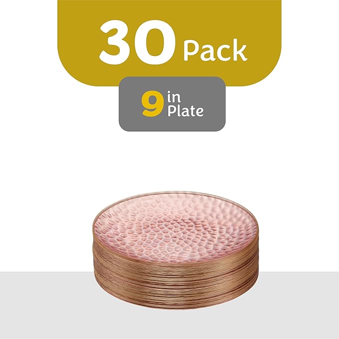 PLASTICPRO 30 Pack Hammered Plastic Plates Heavyweight Disposable Plastic Plates Elegant Clear Platsic Party Dishes (Hammered Pink With Gold Rim, 9'' INCH PLATES)