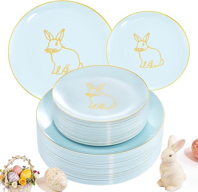 KIRE 60 Pieces Easter plates with Gold Bunny-Mint Green Plastic Plates include 30Pieces 10.25inch Dinner Bunny and 30Pieces 7.5inch Green Dessert/Salad Plates for Easter Day
