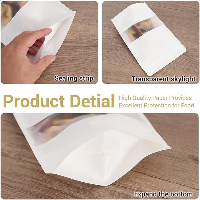 100 Pcs White Kraft Paper Bags with Window, 6.3" x 8.6" Stand Up Pouches Bags, Food Storage Bags for Packaging Products, Reusable, Sealable