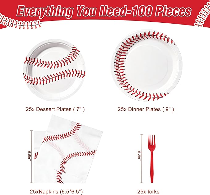 100 Pcs Baseball Party Supplies for 25 Guests, Heavy-Duty 7" & 9" Paper Plates, 2-Ply 13" Napkins & Plastic Forks, Disposable Baseball Themed Tableware Set for Game Day and Birthday