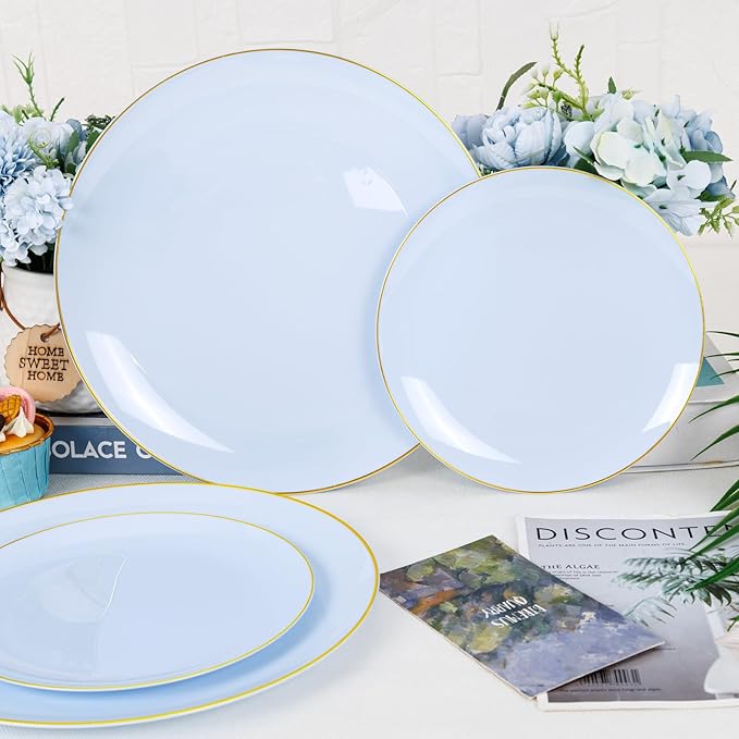 PULOTE 100PCS Blue Plastic Plates - Disposable Light Blue Include 50 Dinner & 50 Dessert/Salad Plates for Party, Wedding & Birthday