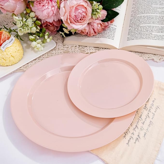 FLOWERCAT 200PCS Pink Plastic Plates Disposable Plates for Party - Heavy Duty Plastic Plates - 100 10" Pink Dinner Plates and 100 7" Pink Salad Plates for Weddings,Parties,Mother's Day