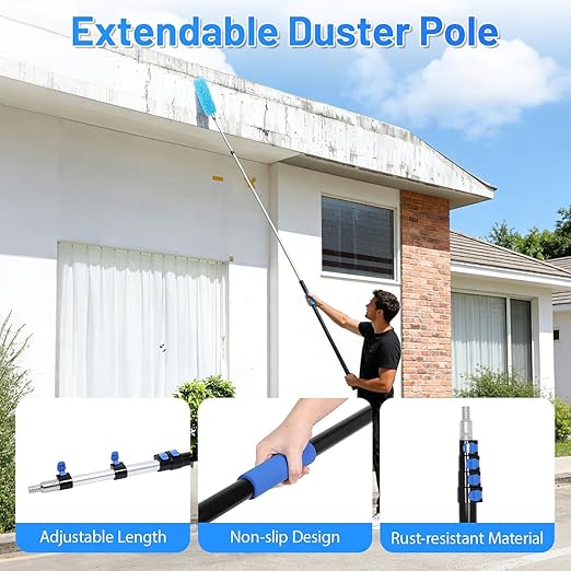 30ft High Reach Duster Kits, Heavy Duty High Reach Duster Kit for Cleaning, Spider Web Brush, Washable Dust Brush for High Roof and Glass Surfaces (with 5-12ft Extension Pole)