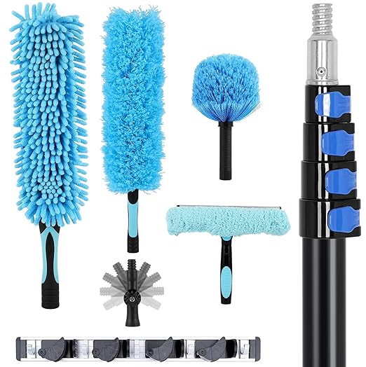 30ft High Reach Duster Kits, Heavy Duty High Reach Duster Kit for Cleaning, Spider Web Brush, Washable Dust Brush for High Roof and Glass Surfaces (with 5-12ft Extension Pole)
