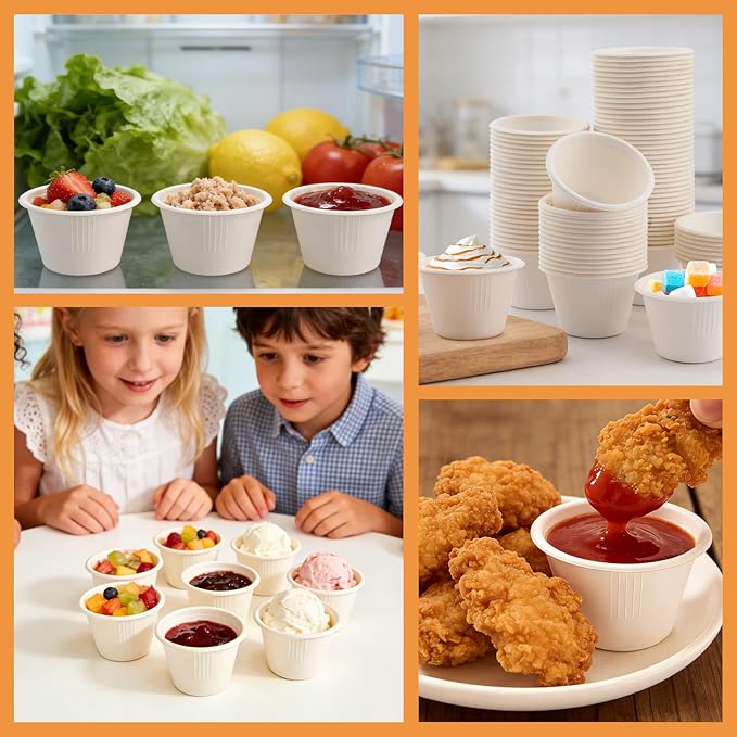 LeonBach 150 Pack 4oz Natural Bagasse Fiber Sauce Cups, Compostable Small Disposable Paper Dipping Bowls Biodegradable Condiment Portion Sample Snack Charcuterie Serving Tasting Cups, White