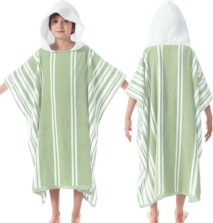 VOOVA & MOVAS Hooded Poncho Towel for Teens Unisex, 100% Cotton Ultra Soft Lightweight Beach Swim Bath Cover Up, Light Green Stripe