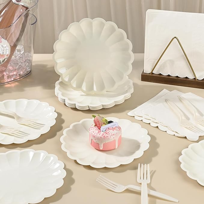 75 Pcs Ivory Paper Plates and Napkins Disposable Tableware Set Include Cream Scalloped Plates with Shell Edge, Napkins & Plastic Forks for Wedding Baby Shower Birthday Party, Serve for 25 Guests