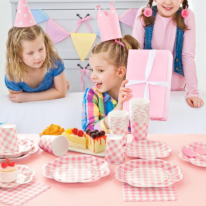 175 Pcs Pink Gingham Plates and Napkins Party Supplies - Pink and White Checkered Plates Sets Serve 25 Guests - Scalloped Gingham Paper Plate for Birthday Wedding Picnic Mother's Day Party Decorations