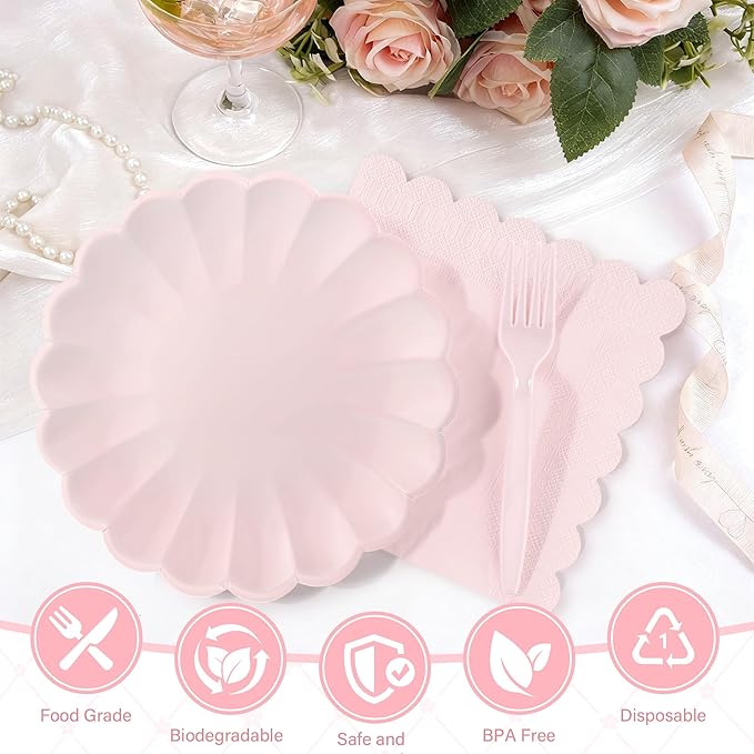 75 Pcs Pink Paper Plates and Napkins Disposable Tableware Set Include Light Pink Scalloped Plates with Shell Edge, Napkins & Forks for Mother's Day Wedding Baby Shower Birthday, Serve for 25 Guests