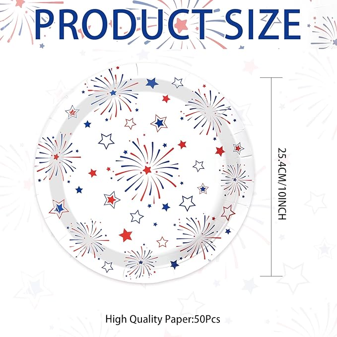 50 Pcs 4th of July Paper Plates 10" Large Stars Fireworks Decorative Plate Heavy Duty Disposable American Flag Plates Patriotic Platters for 250th Anniversary Independence Day Party Decorations