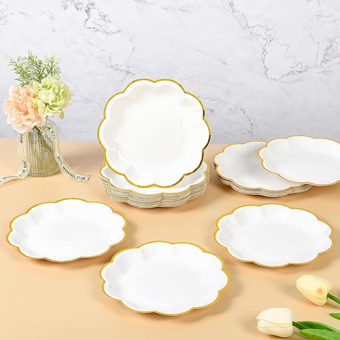 AimFun White Golden Party Plates Gold Foil Dessert Paper Plate 7inch Scalloped Edge Disposable Cake Plates for Tea Party Birthday Bridal Baby Shower Wedding Party Supplies (24, White)