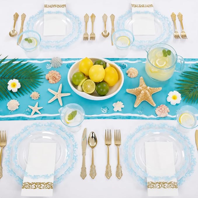 PULOTE 175-Piece Clear and Blue Plastic Plates - Blue Rim Disposable Dinnerware Set - Include 25 Dinner Plates, 25 Dessert Plates, 75 Cutlery, 25 Cups & 25 Napkins for Wedding and Parties