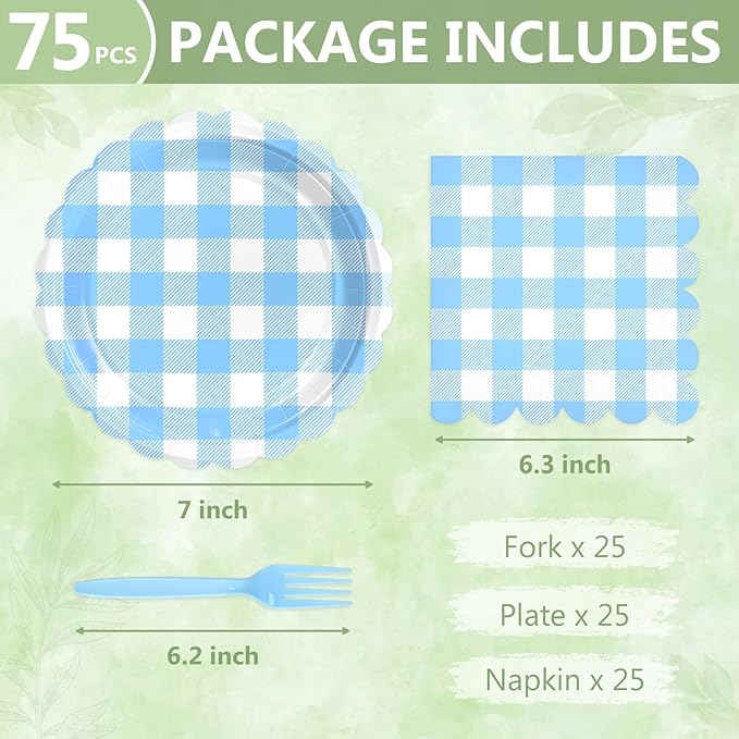 Mulbozy 75 Light Blue Gingham Plates and Napkins Disposable Set Includes 25 Dessert Cake Scalloped Plates, Cocktail Napkins & Forks, for Fork 25 Guests Holiday Party Supplies.
