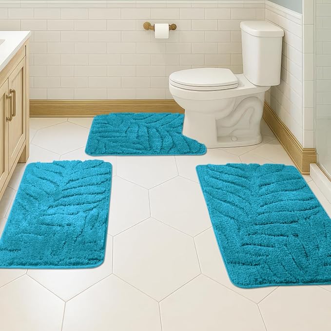 Bath Rugs Set 3 Pieces Bathroom Mat Soft Absorbent Plush Shaggy Soft Floor Non Slip Shower Bath Tub Machine Washable (Teal-Leaf, 20"x32"/20"x20"/17"x24")