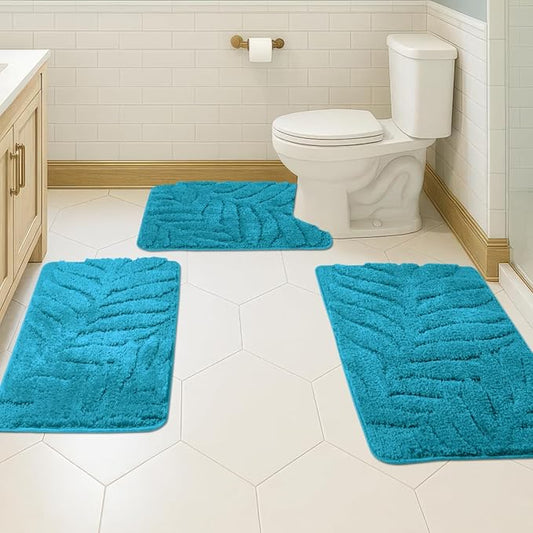 Bath Rugs Set 3 Pieces Bathroom Mat Soft Absorbent Plush Shaggy Soft Floor Non Slip Shower Bath Tub Machine Washable (Teal-Leaf, 20"x32"/20"x20"/17"x24")