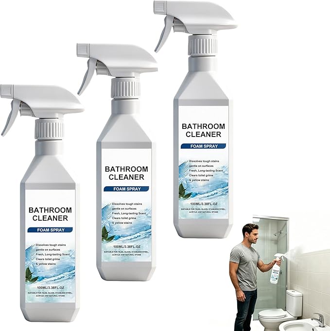 3.38Oz Bathroom Cleaner Foam Spray, Scale Remover Bathroom Cleaner, Powerful Scale Remover, Suitable For Tiles, Glass, Stainless, Steel (3pcs)