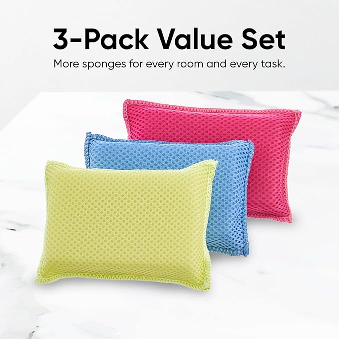 Superio Miracle Microfiber Sponges for Kitchen 3-Pack Red Yellow Blue, Kosher Non-Scratch Sponge Scrubber Heavy Duty Multi-Purpose Cleaning of Dishes, Pots, Pans and Counter tops, Machine Washable