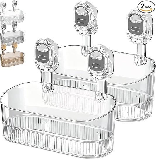 No-Drill Bathroom Suction Storage Box – Large Capacity & Strong Load-Bearing, No Drill Bathroom Shelves Storage with Drain Holes (2, Clear)