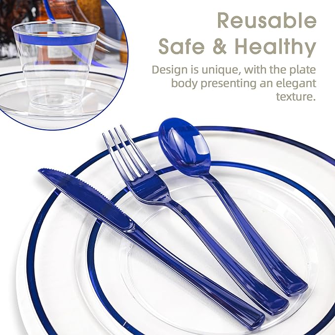 N9R 600PCS Disposable Plastic Plates, Blue Plastic Dinnerware Set Includes 100 Dinner Plates, Dessert Plate, Cups, Spoons, Forks, Knives for 100 Guests, Perfect for Party, Wedding, Birthday