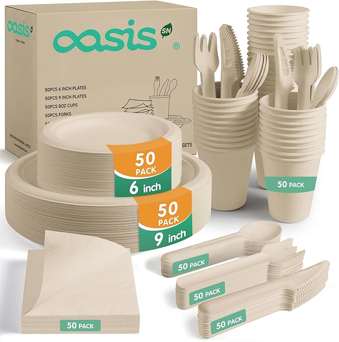 350PCS Disposable Paper Dinnerware Set for 50 Guests, Compostable Includes 50 Each 6" Dessert Plates, 9" Dinner Plates, Cups, Spoons, Forks, Knives and Napkins, Ideal for Parties (Natural)