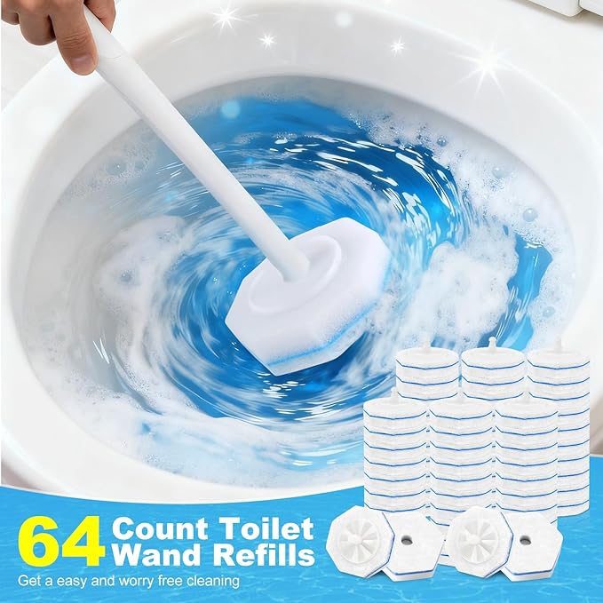 64Pcs Toilet Wand Refills, 5X Power Disposable Toilet Bowl Cleaners Scrubber Pads, Upgraded Cleaning Formula Disposable Wand Heads Compatible with Clorox and Most Standard Handles