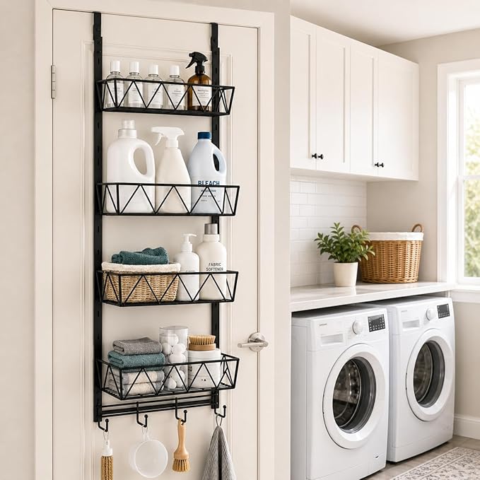 Bathroom Storage and Organizer Rack Hair Dryer Holder,Hair Tool Organizer,4-Tier Over The Door Organizer Adjustable Height, for Bathroom Laundry Cosmetic, Vanity, Kitchen