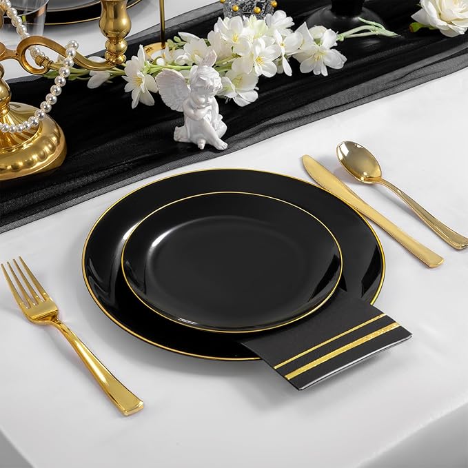 NOCCUR 350PCS Black and Gold Plastic Plates - Black Disposable Dinnerware Set for 50 Guests, 100 Dinner/Dessert Plates, 150 Gold Silverware, 50 Cups&50 Napkins for Party/Birthday/Graduation