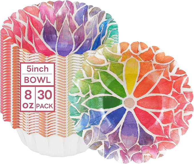 30 Pcs Small Paper Bowls, 8oz Floral Disposable Soup Bowl, Heavy Duty Printed Disposable Bowls For Snack,Dessert,Ice Cream,Salad, Party & Everyday Use(Colorful Lotus)