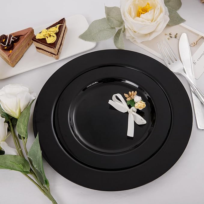 FLOWERCAT 60PCS Black Plastic Plates - Heavy Duty Black Disposable Plates for 30 guests Graduation Party/Wedding/Memorial Day - Include 30PCS 10.25inch Dinner Plates and 30PCS 7.5inch Dessert Plates
