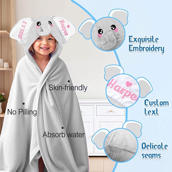 Baosity Custom Elephant Hooded Baby Towel with Name, Personalized Soft Absorbent Bath Towel, Shower Towels for Girls Boys, Easter Christmas Brithday for Kids Baby, Toddler, Newborn Essential