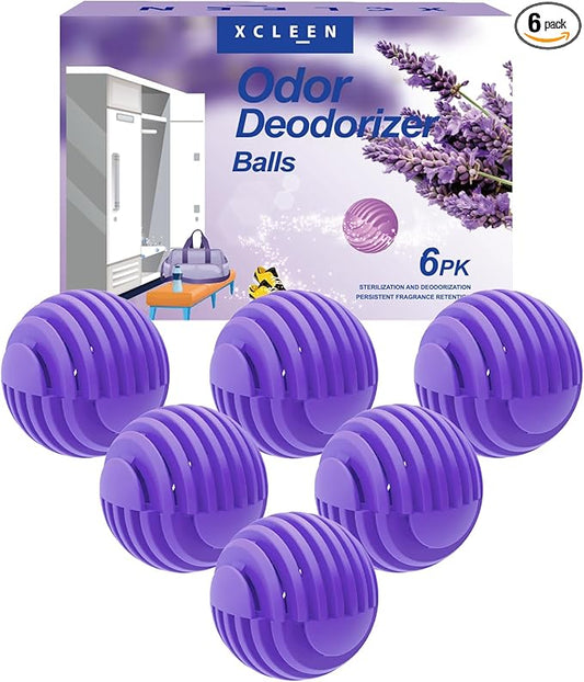 Xcleen Shoe Deodorizer Balls Lavender 6 Pack, Natural Essential Oil Long Lasting Sneaker Odor Eliminator, Small Spaces Air Freshener for Car Gym Bags, Drawers and Locker