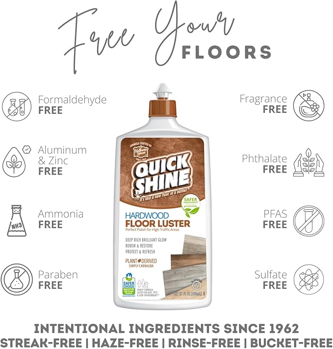 Quick Shine Hardwood Floor Luster-Polish 27oz-6pk | Plant-Derived w/Carnauba | Safer Choice, No PFAS, pH Neutral | Ready to Use Formula w/Anti-Slip Technology | Simply Squirt & Spread | Made in USA