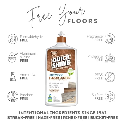 Quick Shine Hardwood Floor Luster-Polish 27oz | Plant-Derived w/Carnauba | Safer Choice, No PFAS, pH Neutral | Ready to Use Formula w/Anti-Slip Technology | Simply Squirt & Spread | Made in USA