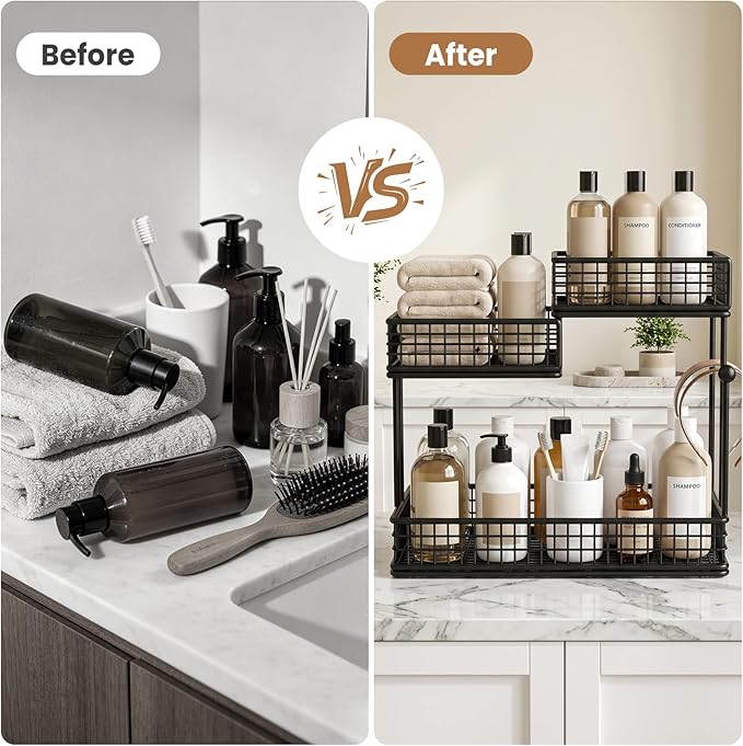 3-Tier Metal Bathroom Countertop Organizer, Makeup Organizer for Vanity Countertop, Bathroom Shelf for Skincare, Perfume & Cosmetics, Multipurpose Storage Rack for Kitchen, Bedroom & Office (Black)