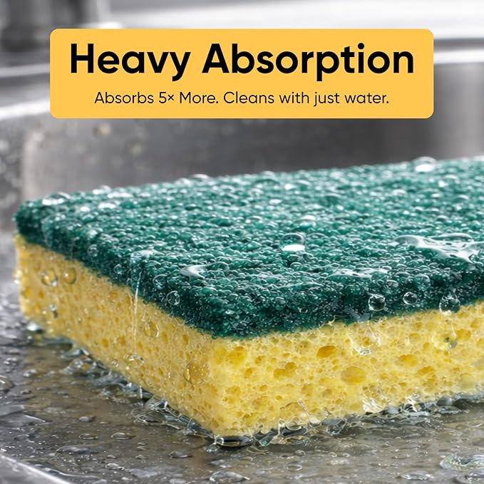 Scrubee Heavy Duty Scrub Large Sponge with Scouring Pad, Kitchen Dishwashing, Sink, Pot and Frying Pan Cellulose Scrubber Sponge Non Scratch. By Superio… (6" Sponge)