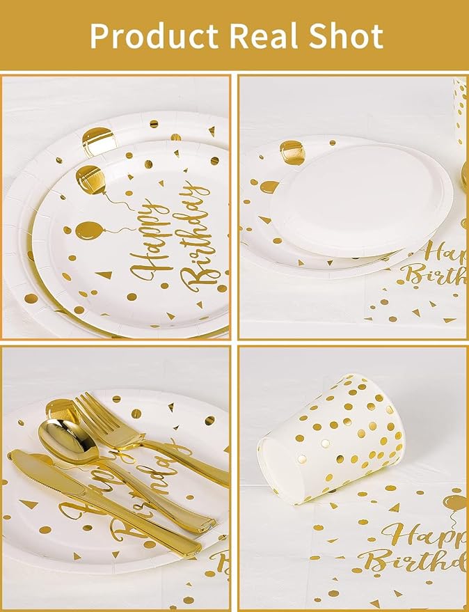 Nkaiso Birthday Party Tableware, 161 Pieces White Gold Party Supplies, Party Dinnerware Sets Include Paper Plates Napkins Cups Silverware, for Shower Engagement Parties Decoration -20 Serves