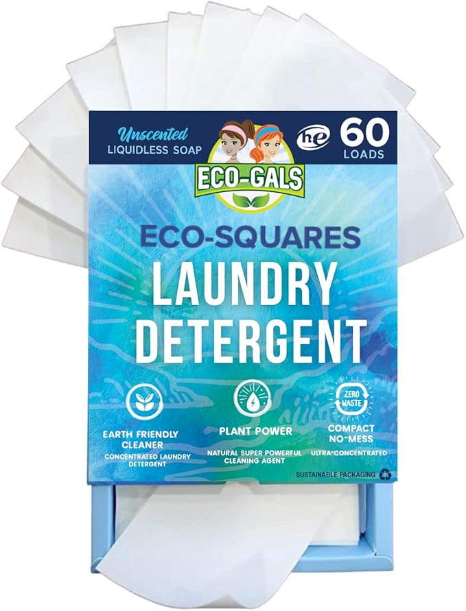 Eco-Gals Eco-Squares laundry detergent sheets with zero waste dry soap technology for cleaning linen and clothes in regular and high efficiency top or front load washing machines, Unscented