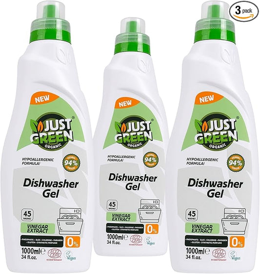 Dishwasher Detergent Gel, Plant-Based Dishwashing Liquid, Non-Toxic, Hypoallergenic, EcoCert Certified, Vegan, Streak-Free Clean, 45 Washes, 33.8 fl oz (1000 ml) - 3 Pack