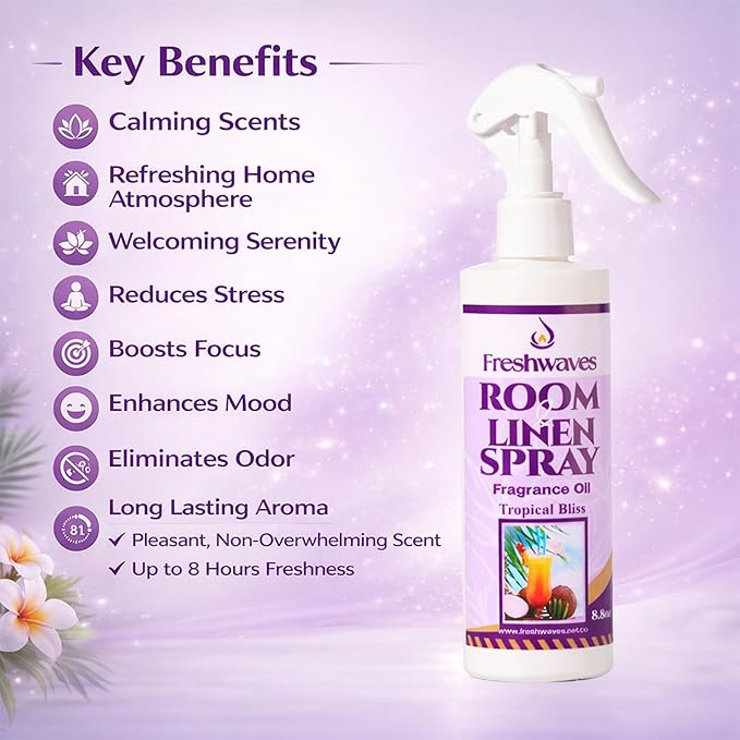 Freshwaves Room & Linen Spray | Tropical Bliss Fragrance Oil | 8.8oz Air Freshener | Odor Eliminator for Living Room, Bedroom, Bathroom & Office
