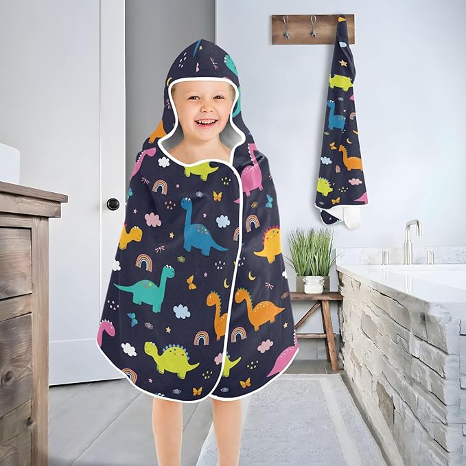 susiyo Kids Hooded Bath Towel Dinosaurs Clouds Beach Towel for Kids 23.5 x 50 Inch Microfiber Soft Absorbent Quick Dry Bath Swim Pool Towel Wrap Poncho Bathrobe with Hood for Kids Toddler