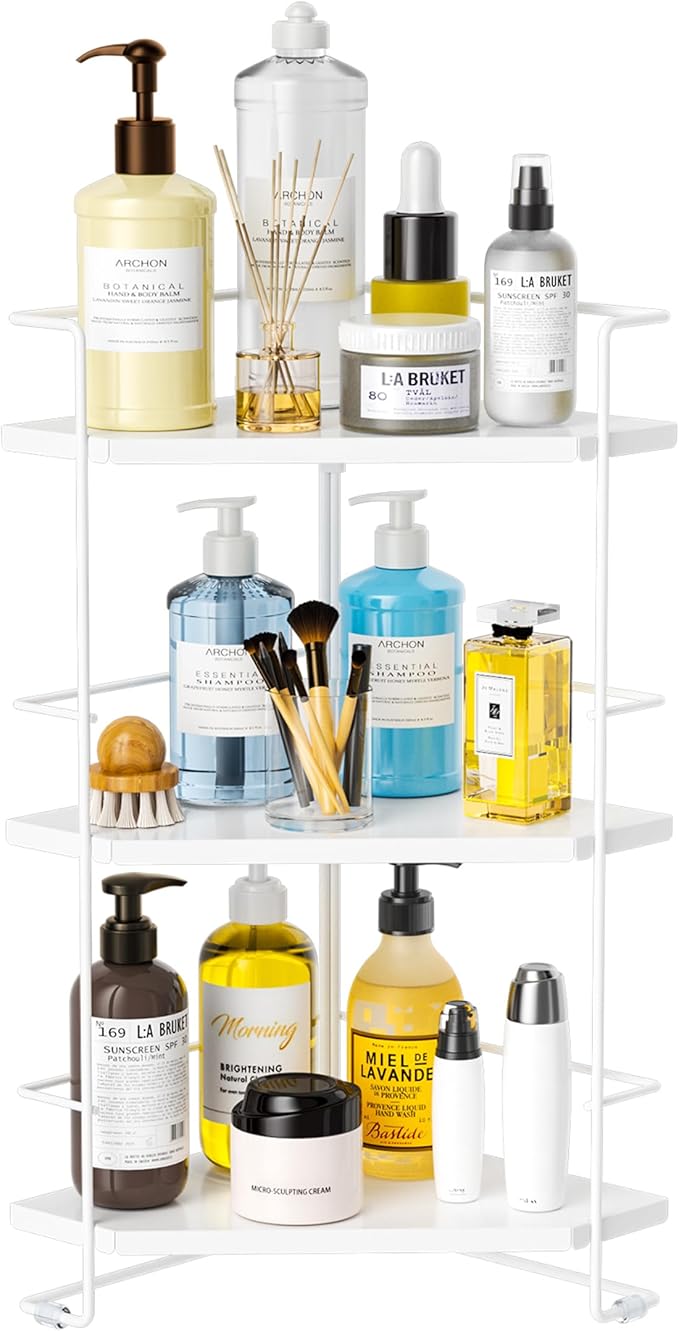 BOIVSHI 3-Tier Bathroom Countertop Organizer, Bathroom Organizers and Storage for Bathroom, Kitchen Counter, Corner Storage Shelf for Bedroom Storage Makeup Skincare Perfume (White)
